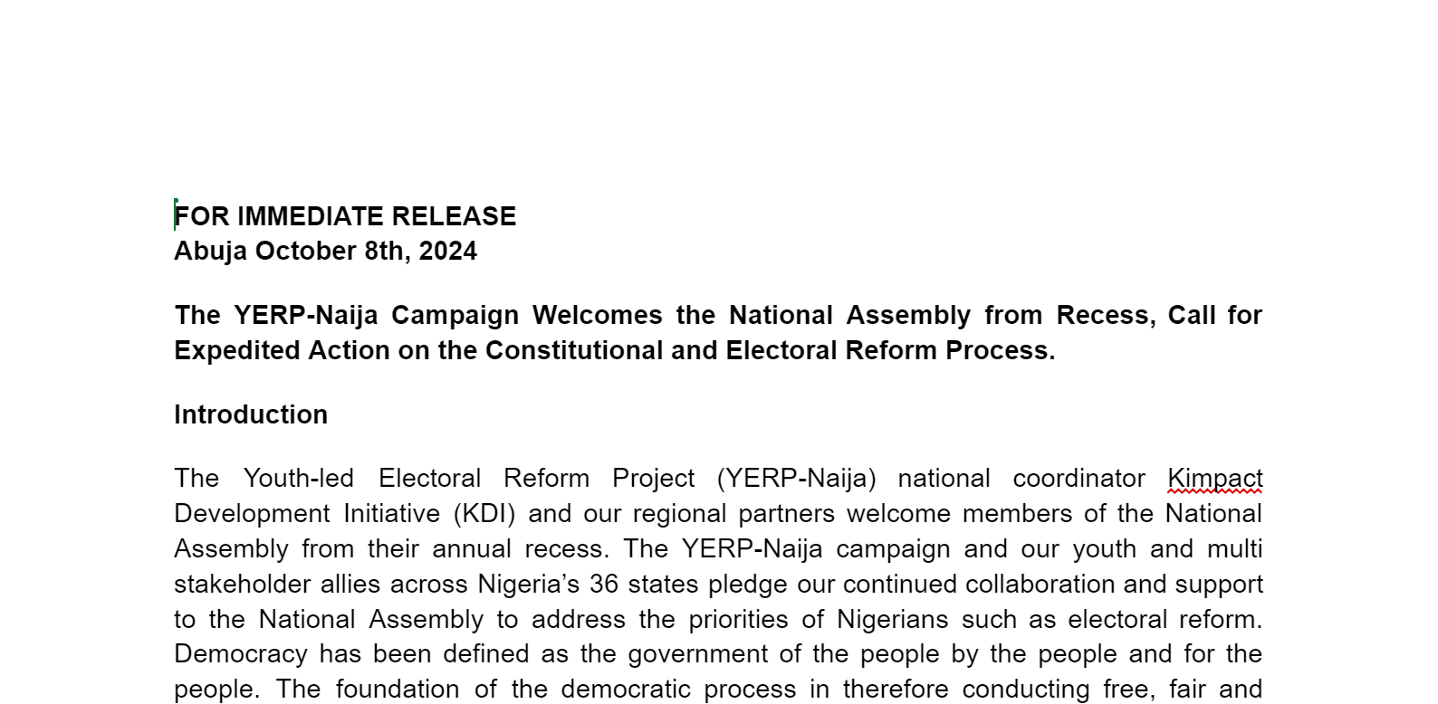 KDI YERP Naija Press Statement